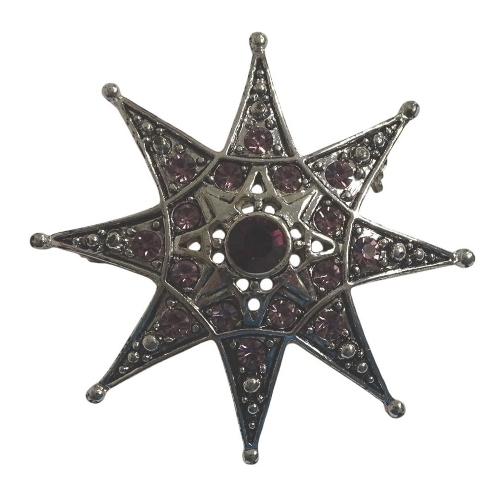Vintage Starburst Star Brooch Pin With Purple Rhinestone Stones Silver Tone